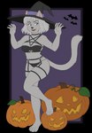 anthro barefoot clothing feet female food fruit fur grey_body grey_fur grey_hair hair hat headgear headwear holidays on_one_leg plant pumpkin simple_background smile solo standing tail witch_hat ryokoneko halloween domestic_cat felid feline felis mammal 2022 alpha_channel hi_res