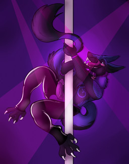 black_body black_fur blush clothing collar dancing erection fangs fishnet_clothing fur g-string genitals legwear looking_at_viewer male penis pole pole_dancing purple_background purple_body purple_fur purple_penis simple_background solo tail teeth tongue tongue_out underwear mariosson lootz mammal sergal absurd_res hi_res purple_theme