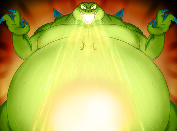anthro belly belly_inflation big_belly claws green_body huge_belly inflation male open_mouth sharp_teeth solo spikes teeth yellow_eyes zangokunatenshi dragon_ball dragon_ball_z yakon_(dragon_ball) monster reptile scalie hi_res
