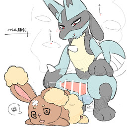 animal_genitalia animal_penis anthro balls biped black_body black_fur blue_body blue_fur bodily_fluids brown_body brown_fur canine_genitalia canine_penis censor_bar censored_genitalia censored_penis digitigrade duo ear_tuft erection female female_anthro fur fur_tuft genital_fluids genitals imminent_sex in_heat interspecies kneeling knot knotted_penis larger_anthro larger_male leaking_precum licking licking_lips looking_at_another looking_at_partner lying male male_anthro multicolored_body multicolored_fur narrowed_eyes on_front onomatopoeia penis precum red_eyes simple_background size_difference slim slim_anthro slim_male smaller_anthro smaller_female sound_effects spiral spiral_eyes tail tail_motion tailwag tan_body tan_fur text three-quarter_view tongue tongue_out tuft two_tone_body two_tone_fur unconscious white_background purupuwa nintendo pokemon buneary generation_4_pokemon lucario pokemon_(species) 1:1 2025 censored digital_drawing_(artwork) digital_media_(artwork) flat_colors hi_res japanese_text