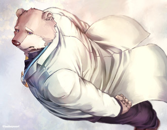 biped bird's-eye_view clothed clothing coat doctor dutch_angle fully_clothed green_eyes high-angle_view lab_coat looking_back male multicolored_eyes purple_eyes rear_view slightly_chubby solo standing topwear two_tone_eyes wind inabayasuri lifewonders tokyo_afterschool_summoners jambavan_(tas) bear mammal hi_res