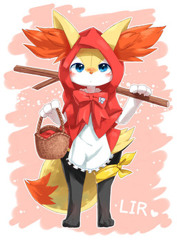 ambiguous_anthro ambiguous_gender anthro apron basket big_tail blue_eyes blush border claws clothed clothing container dipstick_tail dress frilly frilly_apron frilly_clothing front_view furgonomics holding_object holding_picnic_basket holding_stick inner_ear_fluff kerchief looking_at_viewer markings offering_to_viewer outline picnic_basket raised_arm red_bow red_clothing red_dress simple_background solo stick tail tail_markings tan_background tuft white_apron white_border white_claws white_clothing white_outline wide_hips makotoo fairy_tales little_red_riding_hood_(copyright) nintendo pmd:_icma pokemon pokemon_mystery_dungeon spike_chunsoft lir_(icma) braixen canid canine generation_6_pokemon mammal pokemon_(species) 2016 crossover full-length_portrait portrait male_(lore)