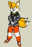 anthro blue_eyes clothing fur handwear jacket male shirt simple_background solo text text_on_clothing text_on_jacket text_on_shirt text_on_topwear topwear fern_plant drip_(meme) goku_drip sega sonic_the_hedgehog_(series) supreme the_north_face miles_prower canid canine fox mammal hi_res meme