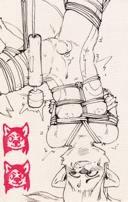 balls_only bdsm bodily_fluids bondage bound cock_and_ball_torture genital_fluids genital_mutilation genital_torture inverted_nipples mutilation nipples orgasm_denial penectomized penectomy precum solo suspension snofu pyravia hybrid mammal mustelid otter hi_res traditional_media_(artwork)