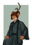 4_fingers anthro antlers broken_antler broken_horn brown_body brown_fur brown_hair brown_nose clothed clothing fingers fully_clothed fur green_eyes hair hair_bun hand_on_hip hand_on_leg horn looking_at_viewer male simple_background solo marat_(artist) debauchery_in_caelia_kingdoms duo_developers yoshika_(marat) deer mammal 2016 hi_res portrait three-quarter_portrait