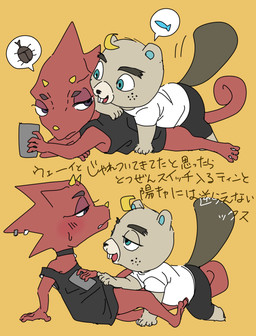anthro blonde_hair blue_eyes blush buckteeth cellphone chibi choker clothing cuddling dialogue duo electronics freckles hair jewelry male male/male necklace phone shirt smartphone tank_top teeth text topwear pasikon animal_crossing nintendo c.j._(animal_crossing) flick_(animal_crossing) beaver chameleon lizard mammal reptile rodent scalie japanese_text pictographics translation_check translation_request