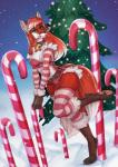 anthro belt breasts brown_collar candy candy_cane clothing collar dessert detailed_background erect_nipples female fingerless_gloves food gloves green_eyes handwear holidays looking_at_viewer nipple_outline nipples outside plant snow solo tree free-opium frenetic_sir matemi christmas crimson_emberpaw canid canine fox mammal artist_collaboration digital_media_(artwork) hi_res shaded