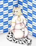 animal_print anthro big_butt black_nose breasts butt clothing cow_print curvy_figure eyewear female fur glasses green_eyes hair kneeling legwear looking_at_viewer monotone_tail open_mouth overweight overweight_anthro overweight_female pink_tongue solo tail thigh_highs tongue voluptuous white_body white_ears white_fur white_tail shibaemonxsk bear mammal polar_bear ursine 2019 hi_res