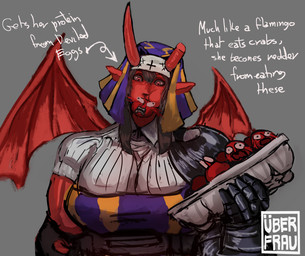anthro armor behelit_(berserk) crux_(uberfrau) eating eating_food egg female horn solo vore wings hoka berserk_(series) bovid caprine caprine_demon demon goat goat_demon mammal hi_res