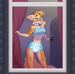 anthro bottomwear clothed clothing coffee_mug collar crop_top curtains curtains_open diaper eyewear female glasses looking_out_window looking_outside shirt solo steam teeth topwear underwear wearing_diaper window arzdin canid canine canis domestic_dog mammal