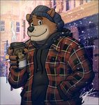 anthro border brown_body brown_fur clothing fur hat headgear headwear hoodie humanoid_hands male outside snow snowing solo topwear transparent_border noatek nyzcait password_(visual_novel) dean_(password) bear brown_bear mammal ursine 2021 alpha_channel