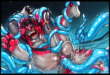 anthro balls bodily_fluids bound bulge consentacles erection feet foot_focus fur genital_fluids genital_piercing genitals looking_at_viewer male male_penetrated muscular muscular_anthro muscular_male nude pawpads paws penetration penis penis_piercing piercing sex simple_background solo tail tentacle_penetration tentacle_sex tentacles text midnight_blue canid canine canis mammal wolf absurd_res hi_res