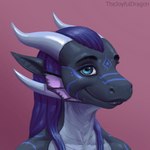 anthro blue_eyes blue_markings facial_markings grey_body hair head_markings horn long_hair male markings purple_hair simple_background thejoyfuldragon mythology finn_(phantomfin) dragon mythological_creature mythological_scalie scalie 1:1 bust_portrait portrait signature