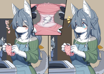 accessory ahoge anthro appliance apron biped blue_eyes blush bodily_fluids clothed clothing cum cum_on_clothing cum_on_panties cum_on_underwear duo eyes_closed female fur genital_fluids grey_body grey_fur grey_hair hair hair_accessory hair_ribbon heart_symbol hiding implied_incest kemono laundry laundry_machine long_hair male panties ribbons scared smile sound_effects sweat sweatdrop sweater tail text topwear underwear young young_anthro young_male koorinezumi canid canine canis mammal wolf hi_res japanese_text mother_(lore) mother_and_child_(lore) mother_and_son_(lore) parent_(lore) parent_and_child_(lore) parent_and_son_(lore) son_(lore)