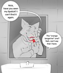 anthro canid canine clothed clothing dialogue digital_media_(artwork) disney doost english_text fox fur hi_res lipstick looking_at_viewer makeup male mammal nick_wilde open_mouth red_fox simple_background smile solo text true_fox zootopia