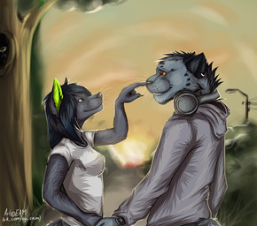 anthro black_hair black_nose boop clock clothed clothing day detailed_background duo ear_piercing electronics female fur grey_body grey_fur hair hand_holding headphones hoodie male outside piercing raised_arm shirt smile standing sun topwear watch gmerk canid canine canis felid leopard mammal pantherine wolf 2013 hi_res