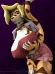 anthro big_breasts breasts clothing female hair holding_breast huge_breasts looking_at_viewer simple_background smile solo stripes anthroanim jasmine_claw felid mammal pantherine tiger 3:4 3d_(artwork) digital_media_(artwork)