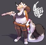 anthro barefoot belt belt_buckle big_breasts blonde_hair blue_eyes bottomwear bra breasts brown_body brown_fur buckle claws clothed clothing cosplay eyewear feet female fur gun hair holding_object holding_weapon looking_at_viewer navel open_clothing open_mouth open_topwear overweight pants pawpads paws ranged_weapon simple_background slightly_chubby solo standing sunglasses tan_body tan_fur topwear underwear weapon white_body white_fur wide_hips alwaysfaceleft arc_system_works guilty_gear guilty_gear_strive happy_chaos_(guilty_gear) mae_(ashiinu) felid feline hybrid lynx mammal pantherine snow_leopard absurd_res hi_res