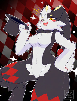 anthro black_body black_fur blush breasts clothing crotch_tuft eyelashes featureless_breasts female fur hat headgear headwear jester looking_at_viewer markings multicolored_body open_mouth open_smile red_markings short_tail smile solo tail teeth thick_thighs top_hat tuft white_body white_fur yellow_eyes yellow_markings nikowari_(artist) palworld pocketpair dupin_(pal) lagomorph leporid mammal pal_(species) rabbit absurd_res hi_res