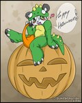 2006 anthro bear clothing costume dialogue dinosaur_costume english_text female food fruit furry_wearing_fursuit fursuit giant_panda halloween heart_symbol holidays jack-o'-lantern lizard mammal plant pumpkin reptile scalie sitting sitting_on_pumpkin solo speech_bubble sukebepanda tail text