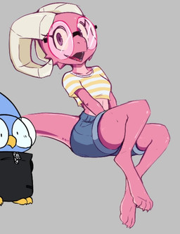 anthro beak blue_body blue_feathers bottomwear bovid_horn caprine_horn clothing denim denim_bottomwear denim_clothing denim_shorts duo eyewear feathers female glasses horn jacket male pink_body pink_scales ram_horn scales shirt shorts smile topwear blushbutt abigail_(blushbutt) feza avian bird kobold owl scalie