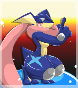 ambiguous_gender anthro gradient_background navel red_background simple_background solo yellow_background type nintendo pokemon amphibian generation_6_pokemon greninja pokemon_(species) 2015 hi_res