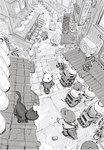 alley anthro backpack biped clothing dot_eyes feral group outside shirt simple_eyes sitting topwear walking ryo_yambe alligator alligatorid avian crocodilian domestic_cat felid feline felis mammal mouse murid murine reptile rodent scalie 2023 hi_res