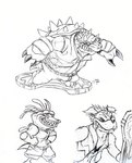 anthro bodily_fluids bottomwear bulge clothed clothing drooling grin hands_on_hips holding_object holding_shield jacket male mouth_closed narrowed_eyes pants saliva shell shield simple_background smile solo topwear vest crazydrak canid canine mammal species_request 2011 dated monochrome sketch sketch_page