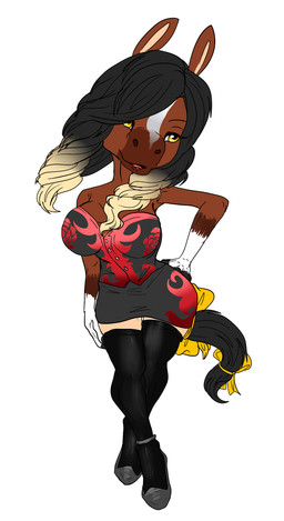 accessory anthro big_breasts big_butt big_head biped black_hair blonde_tips bow_(feature) bow_accessory bow_ribbon breasts butt chibi clothed clothing curvy_figure dress female footwear furgonomics hair high_heels hourglass_figure legwear pumps ribbons shoes short simple_background solo stockings tail tail_accessory tail_bow tail_ribbon thigh_highs white_background midnightflaze equid equine horse mammal hi_res