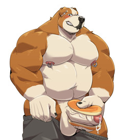 5_fingers anthro balls belly big_muscles big_pecs big_penis black_fingernails black_nails blush bodily_fluids bottomwear bottomwear_down bread brown_body brown_fur clothed clothing colored_nails countershade_face countershade_genitalia countershading ear_piercing ear_ring fingernails fingers food food_fetish food_play foreskin fur genital_fluids genitals glans gloves_(marking) grey_bottomwear grey_clothing grey_pants huge_pecs humanoid_genitalia humanoid_hands humanoid_penis male markings multicolored_body multicolored_fur musclegut muscular muscular_anthro muscular_male nails navel nipple_piercing nipples pants pants_down partially_clothed pecs penis piercing pink_glans pink_nipples precum ring_piercing sharp_teeth simple_background smile solo tan_balls tan_body tan_countershading tan_fur tan_penis teeth thick_penis topless topless_male trapezius two_tone_body two_tone_fur vein veiny_penis white_background jumperbear canid canine canis domestic_dog mammal 2023 absurd_res colored hi_res