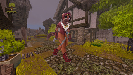 adventure anthro black_nails black_nose blue_eyes bottomwear bracelet breasts brown_body brown_fur brown_hair brown_tail building capelet claws clothed clothing colored_nails detailed_background eyebrows facial_markings falx_(weapon) female finger_claws fingerless_gloves footwear fur gloves gloves_(marking) grass hair handwear head_markings headgear headscarf headwear jewelry lamp lantern looking_at_viewer markings medium_breasts medium_hair muzzle_(marking) nails necklace orange_bottomwear orange_clothing orange_pants pants path pickaxe pink_tongue plant plant_pot potted_plant raining red_clothing red_footwear red_shirt red_shoes red_topwear shawl shirt shoes sky solo spots spotted_body spotted_fur spotted_markings tail tan_inner_ear text tongue topwear tree video_game_background video_game_logo village herskey_art vintage_story oktober_pride_(knotfunny) hyena mammal spotted_hyena 16:9 4k absurd_res english_text hi_res widescreen herm_(lore) nonbinary_(lore)