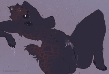 after_masturbation anthro areola barbell_piercing belly_nipples belly_piercing big_butt bodily_fluids breasts butt claws ear_piercing ear_tuft eyebrow_piercing eyelashes facial_piercing fangs female fluffy fur genital_fluids genitals gold_piercing hand_behind_head licking long_eyelashes looking_at_viewer lying markings navel navel_piercing nipple_piercing nipples nude on_back orange_eyes orange_spots personal_grooming piercing planted_leg pubes sabertooth_(anatomy) self_lick simple_background small_breasts solo spots spotted_body spotted_face spotted_fur spotted_hips spotted_legs spotted_markings spotted_tail spotted_thighs tail tail_markings tail_tuft teeth thick_thighs tongue tuft vulva bunillacream brandy_(bunillacream) felid leopard mammal pantherine prehistoric_species saber-toothed_tiger smilodon digital_media_(artwork) hi_res watermark