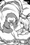 anthro clothed clothing duo eating feeding female food fur hair larger_anthro larger_male looking_at_mouth male male_anthro offering_food open_mouth robe size_difference smaller_female smaller_human teeth conditional_dnp nikoyishi elden_ring fromsoftware gurranq_(elden_ring) maliketh_(elden_ring) canid canine canis human mammal wolf 2022 hi_res monochrome sketch