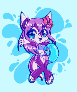 air_valve_navel anthro blue_eyes chibi clothing female footwear hair inflatable latex multicolored_body pool_toy purple_body purple_hair sandals shoes smile solo swim_ring swimwear two_tone_body water white_body nanniras animate_inanimate canid canine living_inflatable mammal absurd_res hi_res
