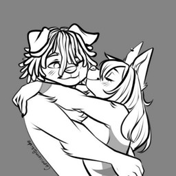 anthro blush breasts dreadlocks duo female grey_background hair hug male male/female simple_background palm_treees isabelle_(palmtrees) kiari_(palmtrees) arctic_fox canid canine fox mammal potcake_dog true_fox 1:1