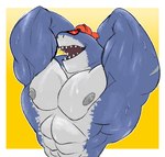 abs anthro big_pecs blue_body bodily_fluids clothing eyewear hands_behind_head hat headgear headwear male muscular muscular_anthro muscular_male pecs pose solo sunglasses sweat sweaty_pecs cronolm epic_games fortnite fortnite:_battle_royale safety_first_steve_(fortnite) fish marine shark absurd_res hi_res pinup