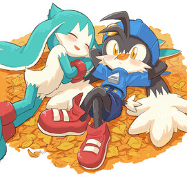 anthro autumn autumn_leaves backwards_baseball_cap backwards_hat baseball_cap black_body black_fur blue_clothing blue_shirt blue_topwear blush bottomwear clothing duo eyes_closed footwear fur gloves green_body green_fur hands_behind_head handwear hat headgear headwear kemono leaf leaf_on_face lying male male/male on_ground on_side open_mouth red_clothing red_footwear red_shoes red_sneakers shirt shoes shorts sneakers topwear yellow_clothing yellow_eyes yellow_gloves yellow_handwear young young_anthro young_male amber_graygamma bandai_namco klonoa_(series) king_of_sorrow klonoa 2023 hi_res