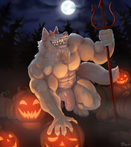 abs anthro arm_tuft balls biceps big_muscles blue_eyes cheek_tuft chest_tuft facial_tuft fangs food foreskin front_view fruit fur genitals glistening glistening_eyes holding_melee_weapon holding_object holding_polearm holding_trident holding_weapon horn jack-o'-lantern kneeling looking_at_viewer male male_anthro melee_weapon moon muscular muscular_anthro muscular_male navel neck_tuft night nude open_mouth open_smile outside pecs penis plant polearm pubes pumpkin red_horn shoulder_tuft smile solo teeth tree trident tuft vein veiny_penis weapon white_balls white_body white_fur white_penis gryblak canid canine mammal absurd_res hi_res