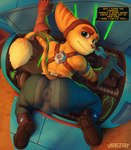 2022 anthro anus_outline biped bodily_fluids boots butt clothing dialogue english_text footwear full-length_portrait gloves green_eyes handwear harness hat headgear headwear hi_res lombax looking_at_viewer male mammal portrait ratchet_(ratchet_and_clank) ratchet_and_clank solo sony_corporation sony_interactive_entertainment speech_bubble stripes sweat text tools voidlesky wrench