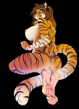 4_toes anthro barefoot big_breasts big_butt biped black_background breasts butt claws countershading feet female huge_breasts looking_at_viewer looking_back nipple_piercing nipples nude pawpads paws piercing pink_pawpads simple_background smile soles solo toes drmax hervy felid mammal pantherine tiger 2019 hi_res