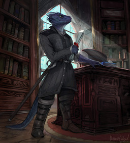 anthro blue_body blue_scales bookshelf clothed clothing desk detailed_background frown furniture green_eyes inside male melee_weapon scales scroll solo sword table tail weapon themefinland tales_from_atal syla_(imperatoraiur) lizard reptile scalie 2019 absurd_res digital_media_(artwork) hi_res female_(lore)