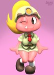 clothed clothing female footwear hair looking_at_viewer necktie one_eye_closed ponytail shoes simple_background smile solo standing uniform wink aerosin mario_bros nintendo paper_mario paper_mario:_the_thousand_year_door goombella goomba humanoid 2024 hi_res