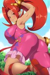 bangle big_breasts big_butt breasts butt clothing female footwear hair jewelry low-angle_view not_furry outside plant red_hair sandals shoes sky smile solo tree lindaroze_(artist) nintendo oracle_of_seasons the_legend_of_zelda din humanoid hylian mammal 2:3 hi_res