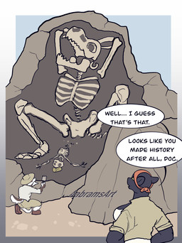 anthro biped black_body bone bottomwear breasts clothed clothing crushed_pelvis death_by_snu_snu dialogue female hat headgear headwear kneeling male on_one_knee outside rock skeleton speech_bubble tail text time_travel time_traveler topwear yellow_sclera aabramsart felid mammal pantherine absurd_res comic english_text hi_res