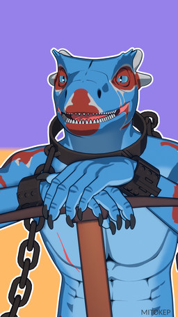 abs anthro athletic athletic_anthro athletic_male bdsm blue_body blue_eyes blue_skin bondage bound chain chained claws collar cuff_(restraint) cut_horn desert dialogue finger_claws forced_labor horn male markings metal_collar metal_cuffs open_mouth outline pickaxe red_markings restraints shackles simple_background slave smile solo talking_to_another teeth tongue white_markings white_outline mitokep onase lizard reptile scalie 2026 3d_(artwork) 9:16 blender_(artwork) blender_eevee_(artwork) cel_shading digital_media_(artwork) hi_res shaded