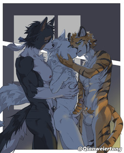 abs anal anal_penetration anthro balls bite bite_mark_on_breast bite_marks_all_over black_body black_fur black_stripes blush blush_lines brown_markings butt ear_bite fluffy fluffy_tail foreskin fur genitals group group_sex hair humanoid_genitalia kemono kissing male male/male male_penetrated male_penetrating male_penetrating_male markings muscular muscular_male nipples orange_body orange_fur pecs penetration penile penile_penetration penis penis_in_ass pointy_ears ponytail sex shadow striped_body striped_fur stripes tail threesome thrust_lines thrusting trio white_body white_fur window_light qianweiertang border_collie canid canine canis collie domestic_dog felid herding_dog mammal pantherine pastoral_dog sheepdog tiger wolf hi_res