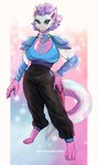 anthro black_bottomwear black_clothing black_pants blue_clothing blue_eyes blue_topwear bottomwear clothing collar female hair inner_ear_fluff iridescent_scales pants pink_body pink_scales purple_hair scales scar solo sparkles sparkling_clothing topwear tuft deadassspider toshi_ikarashi scalie absurd_res hi_res