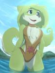 anthro blue_eyes breasts chest_tuft clothing day detailed_background female fur green_body green_fur green_hair grey_nose hair one-piece_swimsuit outside solo swimwear tuft infinitedge bloodline bloodline_(webcomic) olive_(bloodline) canid canine canis mammal wolf 2017 digital_media_(artwork) hi_res