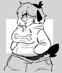 :< anthro big_breasts black_line_art blush blush_lines bottomwear bottomwear_down breasts chest_tuft clothed clothing eyelashes female hair hair_over_eye hands_in_both_pockets hoodie oversized_bottomwear oversized_clothing oversized_pants panties pants pants_down partially_clothed print_clothing print_hoodie print_topwear sagging_pants solo standing tail three-quarter_view topwear tuft underwear tcat1930s pepper_(puppkittyfan1) canid canine canis domestic_dog mammal 2024 digital_media_(artwork) greyscale monochrome portrait three-quarter_portrait