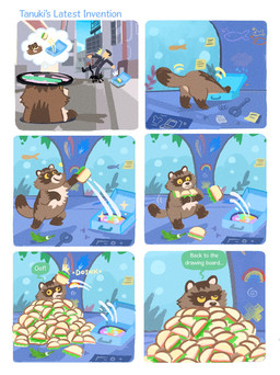 ambiguous_gender aquarium city city_background comic_panel countershading dialogue duplication feral food group portal sandwich_(food) semi-anthro solo_focus speech_bubble street text tripping vivarium wretch yellow_eyes shanhorandraws little_kitty_big_city little_kitty_(lkbc) aquatic canid canine domestic_cat felid feline felis fish human mammal raccoon_dog tanuki 2025 comic english_text hi_res official_art